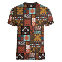 Vintage Hawaiian Quilting Patterns Women V-Neck T-Shirt Brown Style Tribal Fabric Patchwork - Polynesian Pride