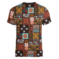 Vintage Hawaiian Quilting Patterns Women V-Neck T-Shirt Brown Style Tribal Fabric Patchwork LT9 - Polynesian Pride
