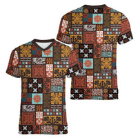Vintage Hawaiian Quilting Patterns Women V-Neck T-Shirt Brown Style Tribal Fabric Patchwork LT9 - Polynesian Pride