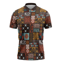 Vintage Hawaiian Quilting Patterns Zipper Polo Shirt Brown Style Tribal Fabric Patchwork LT9 Brown - Polynesian Pride