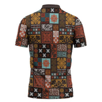 Vintage Hawaiian Quilting Patterns Zipper Polo Shirt Brown Style Tribal Fabric Patchwork LT9 - Polynesian Pride