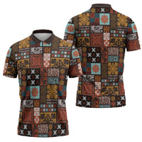 Vintage Hawaiian Quilting Patterns Zipper Polo Shirt Brown Style Tribal Fabric Patchwork - Polynesian Pride
