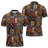 Vintage Hawaiian Quilting Patterns Zipper Polo Shirt Brown Style Tribal Fabric Patchwork LT9 - Polynesian Pride