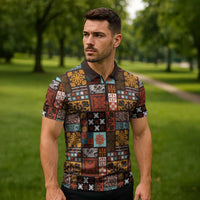 Vintage Hawaiian Quilting Patterns Zipper Polo Shirt Brown Style Tribal Fabric Patchwork LT9 - Polynesian Pride