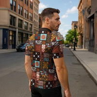 Vintage Hawaiian Quilting Patterns Zipper Polo Shirt Brown Style Tribal Fabric Patchwork LT9 - Polynesian Pride