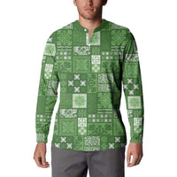 Vintage Hawaiian Quilting Patterns Button Sweatshirt Green Style Tribal Fabric Patchwork - Polynesian Pride