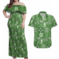 Vintage Hawaiian Quilting Patterns Couples Matching Off Shoulder Maxi Dress and Hawaiian Shirt Green Style Tribal Fabric Patchwork LT9 Green - Polynesian Pride