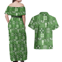 Vintage Hawaiian Quilting Patterns Couples Matching Off Shoulder Maxi Dress and Hawaiian Shirt Green Style Tribal Fabric Patchwork LT9 - Polynesian Pride