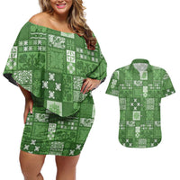 Vintage Hawaiian Quilting Patterns Couples Matching Off Shoulder Short Dress and Hawaiian Shirt Green Style Tribal Fabric Patchwork LT9 Green - Polynesian Pride