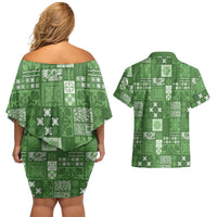 Vintage Hawaiian Quilting Patterns Couples Matching Off Shoulder Short Dress and Hawaiian Shirt Green Style Tribal Fabric Patchwork LT9 - Polynesian Pride