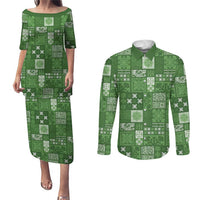 Vintage Hawaiian Quilting Patterns Couples Matching Puletasi and Long Sleeve Button Shirt Green Style Tribal Fabric Patchwork LT9 Green - Polynesian Pride