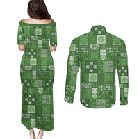 Vintage Hawaiian Quilting Patterns Couples Matching Puletasi and Long Sleeve Button Shirt Green Style Tribal Fabric Patchwork LT9 - Polynesian Pride