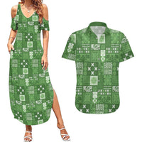 Vintage Hawaiian Quilting Patterns Couples Matching Summer Maxi Dress and Hawaiian Shirt Green Style Tribal Fabric Patchwork LT9 Green - Polynesian Pride
