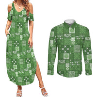 Vintage Hawaiian Quilting Patterns Couples Matching Summer Maxi Dress and Long Sleeve Button Shirt Green Style Tribal Fabric Patchwork LT9 Green - Polynesian Pride