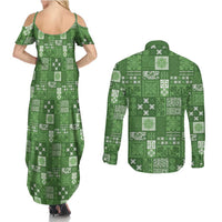 Vintage Hawaiian Quilting Patterns Couples Matching Summer Maxi Dress and Long Sleeve Button Shirt Green Style Tribal Fabric Patchwork LT9 - Polynesian Pride