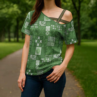 Vintage Hawaiian Quilting Patterns Cross Shoulder Shirt Green Style Tribal Fabric Patchwork LT9 - Polynesian Pride