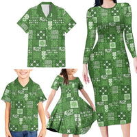 Vintage Hawaiian Quilting Patterns Family Matching Long Sleeve Bodycon Dress and Hawaiian Shirt Green Style Tribal Fabric Patchwork - Polynesian Pride