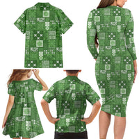 Vintage Hawaiian Quilting Patterns Family Matching Long Sleeve Bodycon Dress and Hawaiian Shirt Green Style Tribal Fabric Patchwork - Polynesian Pride