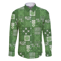Vintage Hawaiian Quilting Patterns Family Matching Long Sleeve Bodycon Dress and Hawaiian Shirt Green Style Tribal Fabric Patchwork - Polynesian Pride