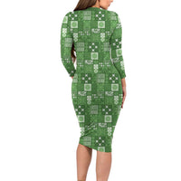 Vintage Hawaiian Quilting Patterns Family Matching Long Sleeve Bodycon Dress and Hawaiian Shirt Green Style Tribal Fabric Patchwork - Polynesian Pride