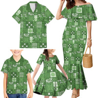 Vintage Hawaiian Quilting Patterns Family Matching Mermaid Dress and Hawaiian Shirt Green Style Tribal Fabric Patchwork - Polynesian Pride