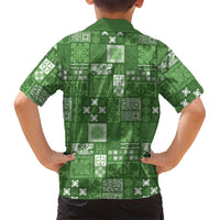 Vintage Hawaiian Quilting Patterns Family Matching Off The Shoulder Long Sleeve Dress and Hawaiian Shirt Green Style Tribal Fabric Patchwork - Polynesian Pride