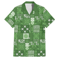 Vintage Hawaiian Quilting Patterns Family Matching Off The Shoulder Long Sleeve Dress and Hawaiian Shirt Green Style Tribal Fabric Patchwork - Polynesian Pride