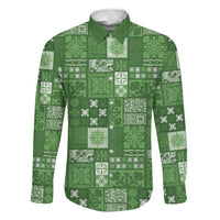 Vintage Hawaiian Quilting Patterns Family Matching Off The Shoulder Long Sleeve Dress and Hawaiian Shirt Green Style Tribal Fabric Patchwork - Polynesian Pride