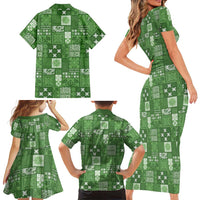 Vintage Hawaiian Quilting Patterns Family Matching Short Sleeve Bodycon Dress and Hawaiian Shirt Green Style Tribal Fabric Patchwork - Polynesian Pride