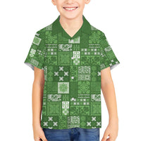 Vintage Hawaiian Quilting Patterns Family Matching Short Sleeve Bodycon Dress and Hawaiian Shirt Green Style Tribal Fabric Patchwork - Polynesian Pride