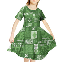 Vintage Hawaiian Quilting Patterns Kid Short Sleeve Dress Green Style Tribal Fabric Patchwork LT9 - Polynesian Pride