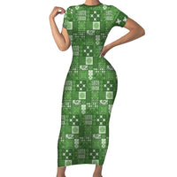 Vintage Hawaiian Quilting Patterns Short Sleeve Bodycon Dress Green Style Tribal Fabric Patchwork LT9 Long Dress Green - Polynesian Pride