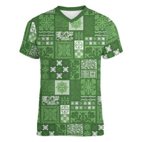 Vintage Hawaiian Quilting Patterns Women V-Neck T-Shirt Green Style Tribal Fabric Patchwork LT9 Female Green - Polynesian Pride