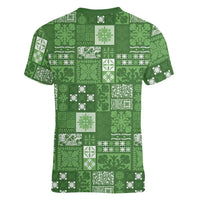 Vintage Hawaiian Quilting Patterns Women V-Neck T-Shirt Green Style Tribal Fabric Patchwork LT9 - Polynesian Pride