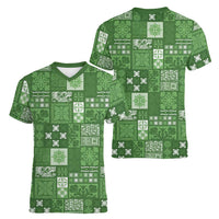 Vintage Hawaiian Quilting Patterns Women V-Neck T-Shirt Green Style Tribal Fabric Patchwork LT9 - Polynesian Pride
