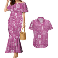 Vintage Hawaiian Quilting Patterns Couples Matching Mermaid Dress and Hawaiian Shirt Pink Style Tribal Fabric Patchwork LT9 Pink - Polynesian Pride
