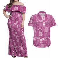 Vintage Hawaiian Quilting Patterns Couples Matching Off Shoulder Maxi Dress and Hawaiian Shirt Pink Style Tribal Fabric Patchwork LT9 Pink - Polynesian Pride