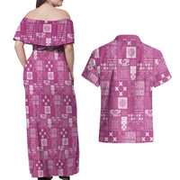 Vintage Hawaiian Quilting Patterns Couples Matching Off Shoulder Maxi Dress and Hawaiian Shirt Pink Style Tribal Fabric Patchwork LT9 - Polynesian Pride