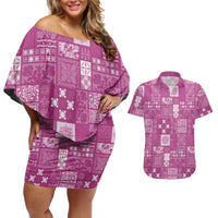 Vintage Hawaiian Quilting Patterns Couples Matching Off Shoulder Short Dress and Hawaiian Shirt Pink Style Tribal Fabric Patchwork LT9 Pink - Polynesian Pride