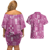 Vintage Hawaiian Quilting Patterns Couples Matching Off Shoulder Short Dress and Hawaiian Shirt Pink Style Tribal Fabric Patchwork LT9 - Polynesian Pride