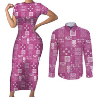 Vintage Hawaiian Quilting Patterns Couples Matching Short Sleeve Bodycon Dress and Long Sleeve Button Shirt Pink Style Tribal Fabric Patchwork - Polynesian Pride