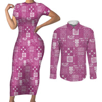 Vintage Hawaiian Quilting Patterns Couples Matching Short Sleeve Bodycon Dress and Long Sleeve Button Shirt Pink Style Tribal Fabric Patchwork LT9 Pink - Polynesian Pride