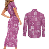 Vintage Hawaiian Quilting Patterns Couples Matching Short Sleeve Bodycon Dress and Long Sleeve Button Shirt Pink Style Tribal Fabric Patchwork LT9 - Polynesian Pride