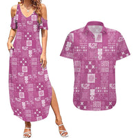 Vintage Hawaiian Quilting Patterns Couples Matching Summer Maxi Dress and Hawaiian Shirt Pink Style Tribal Fabric Patchwork LT9 Pink - Polynesian Pride