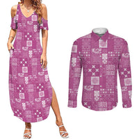 Vintage Hawaiian Quilting Patterns Couples Matching Summer Maxi Dress and Long Sleeve Button Shirt Pink Style Tribal Fabric Patchwork LT9 Pink - Polynesian Pride