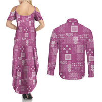 Vintage Hawaiian Quilting Patterns Couples Matching Summer Maxi Dress and Long Sleeve Button Shirt Pink Style Tribal Fabric Patchwork LT9 - Polynesian Pride