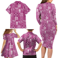 Vintage Hawaiian Quilting Patterns Family Matching Long Sleeve Bodycon Dress and Hawaiian Shirt Pink Style Tribal Fabric Patchwork - Polynesian Pride
