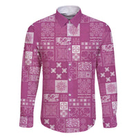 Vintage Hawaiian Quilting Patterns Family Matching Off The Shoulder Long Sleeve Dress and Hawaiian Shirt Pink Style Tribal Fabric Patchwork - Polynesian Pride