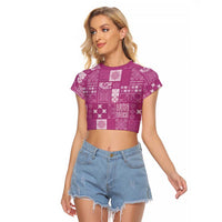 Vintage Hawaiian Quilting Patterns Raglan Cropped T Shirt Pink Style Tribal Fabric Patchwork LT9 Female Pink - Polynesian Pride