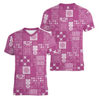 Vintage Hawaiian Quilting Patterns Women V-Neck T-Shirt Pink Style Tribal Fabric Patchwork - Polynesian Pride